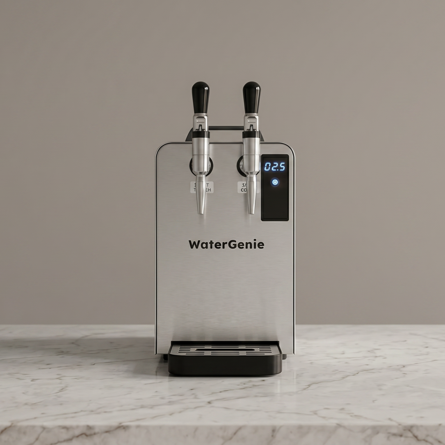 WaterGenie water dispenser on a marble countertop with a beige wall background