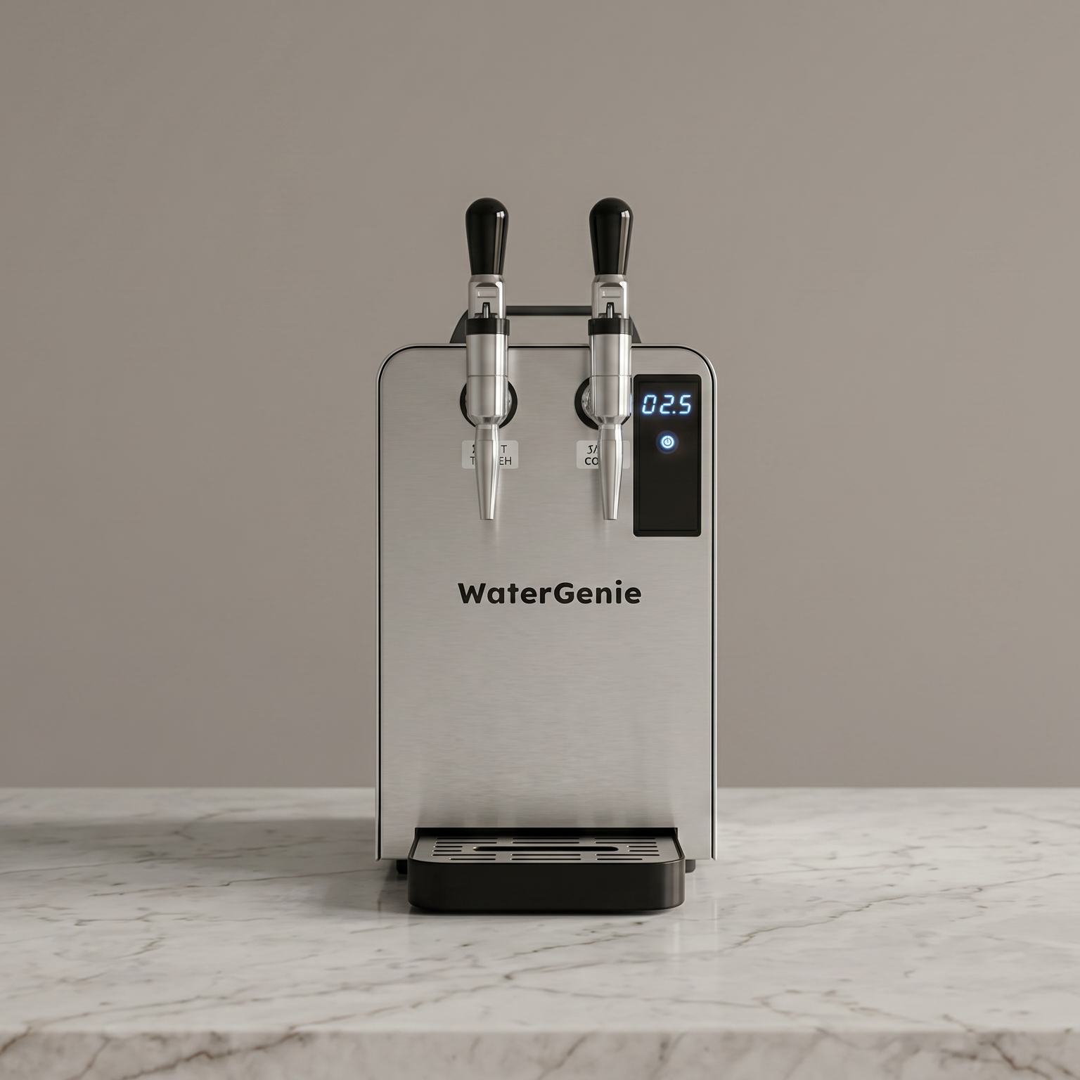 WaterGenie water dispenser on a marble countertop with a beige wall background