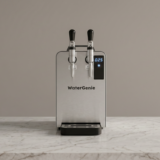 WaterGenie water dispenser on a marble countertop with a beige wall background