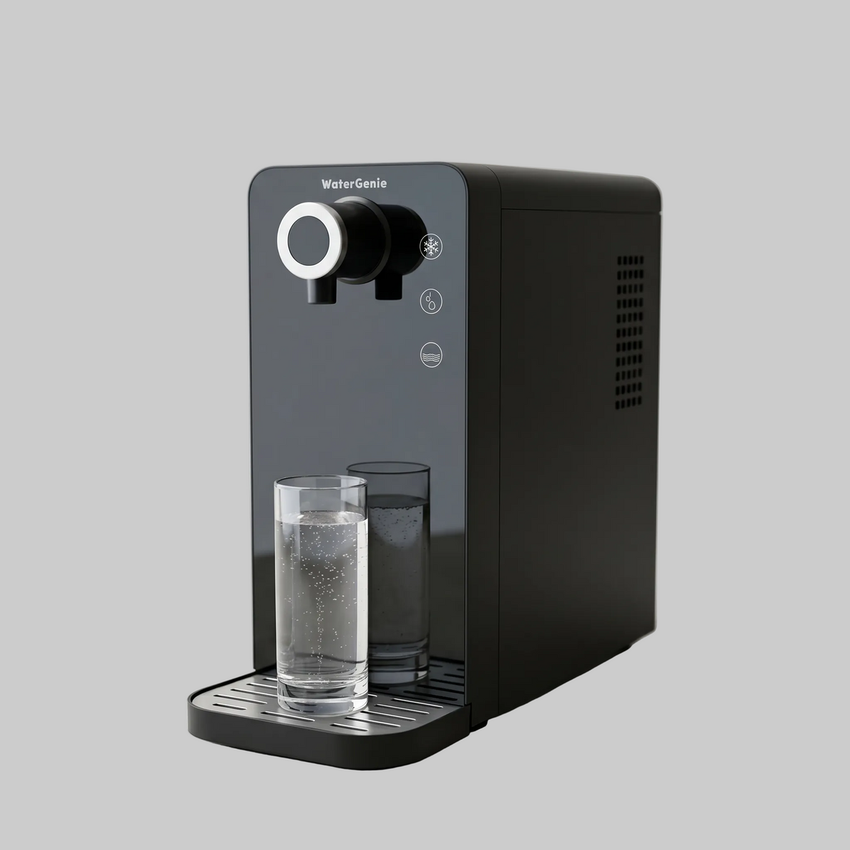 Black water purification device  glasse of water on a light gray background